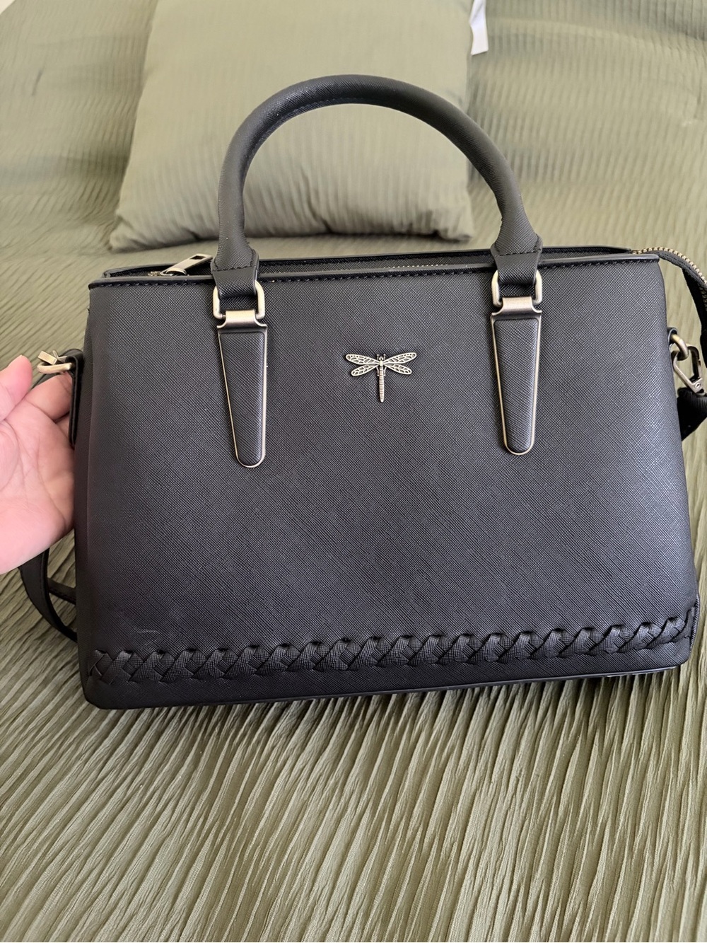 Black Structured Top-Handle Satchel with Dragonfly Accent